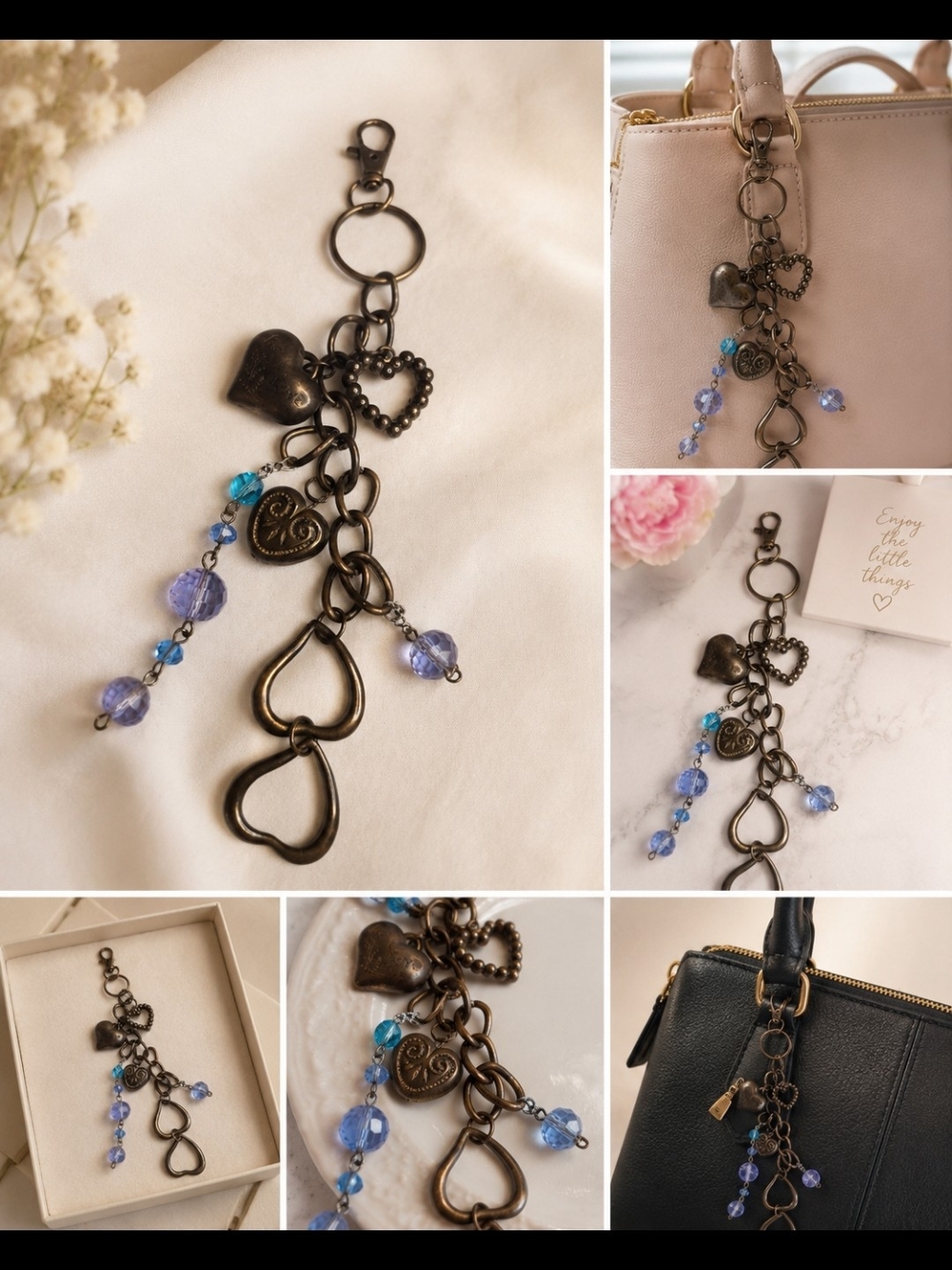 Bronze Heart Charm Bag Keychain with Blue Lilac Beads